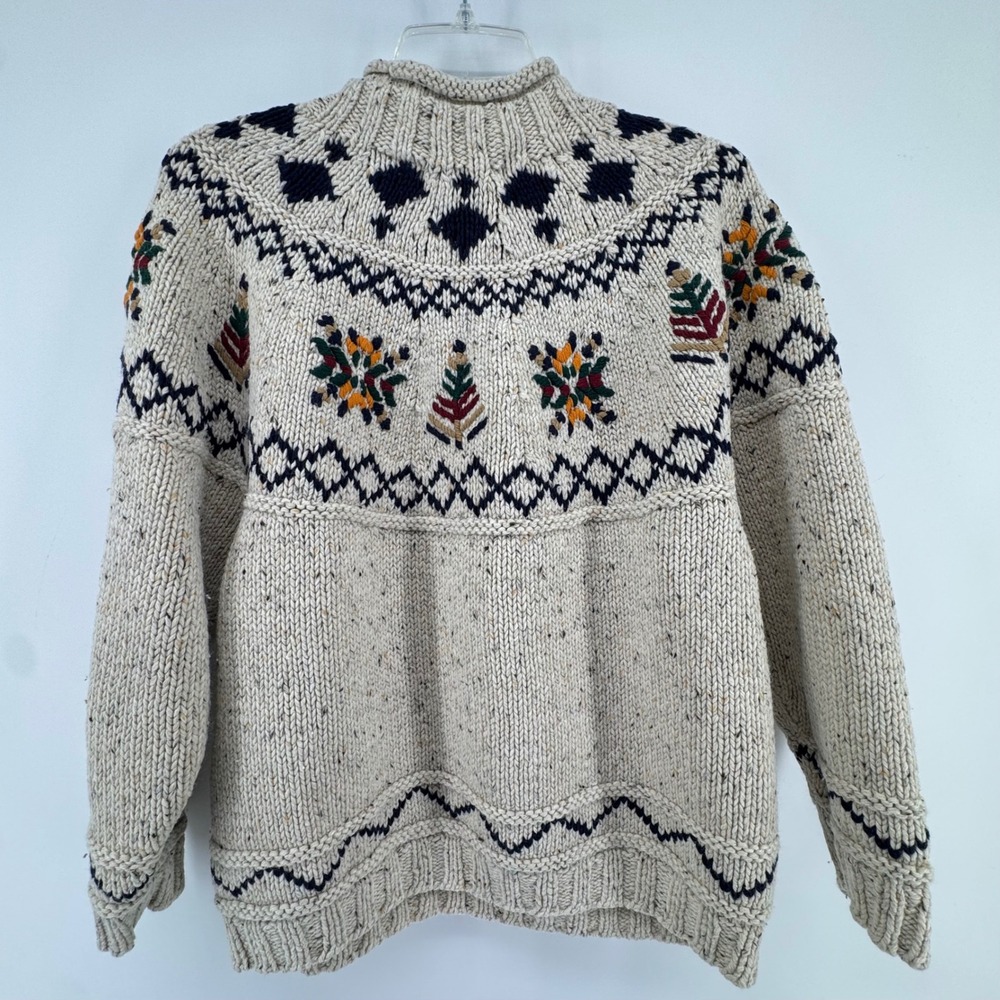 Vintage Outback Red Sweater Womens M Cream Fair Isle Wool Blend Mock Neck Chunky - Picture 3 of 9